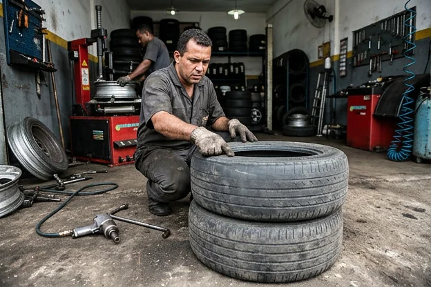 Pneus desgastados prontos para troca em Camaçari.
