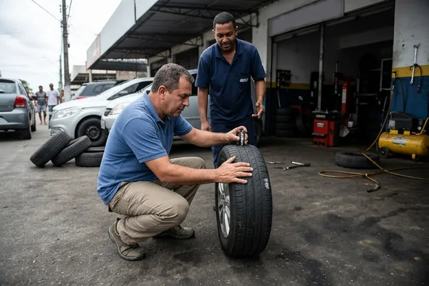 Proprietário de carro inspecionando pneus em Camaçari.