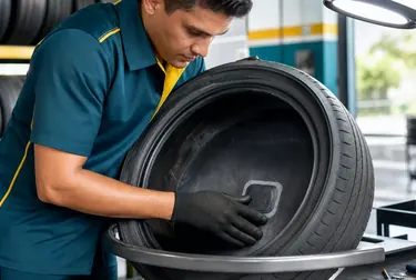 Trabalhador consertando um pneu em Camaçari.
