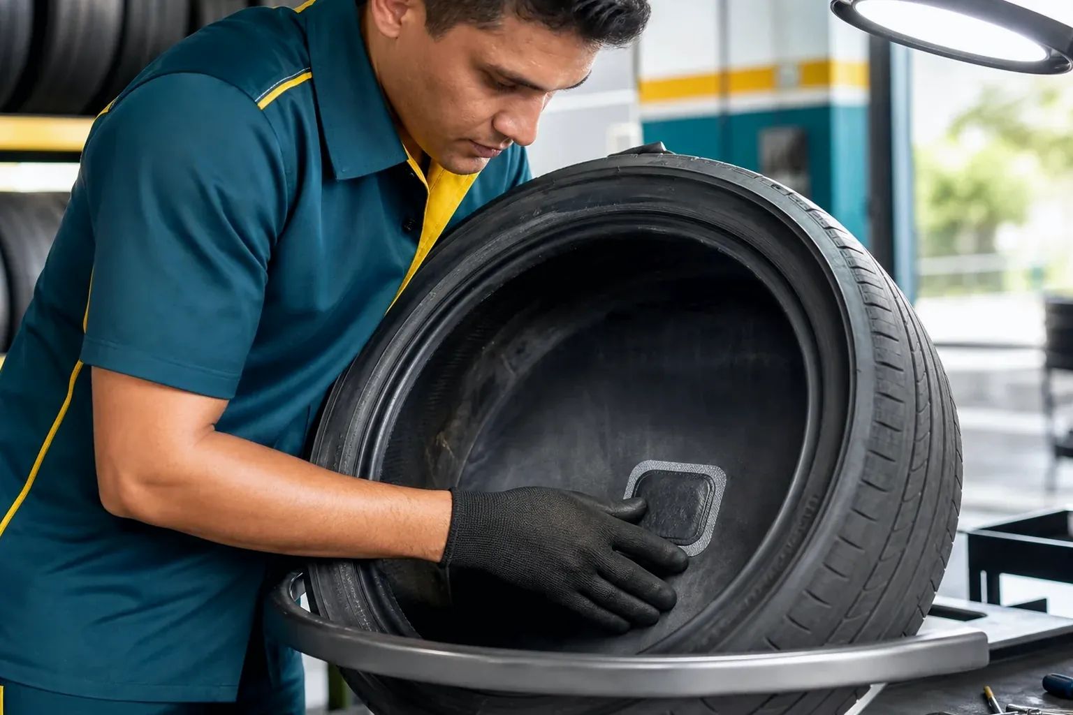 Trabalhador consertando um pneu em Camaçari.